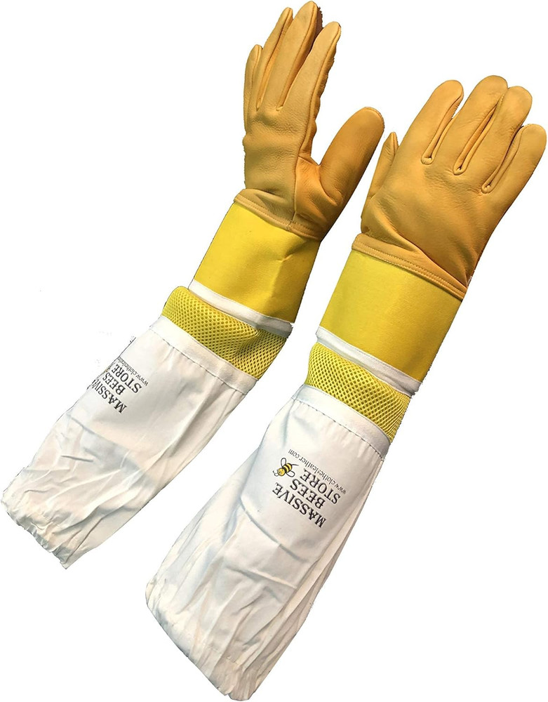 Massive Bee Cowhide Beekeeping Ventilated Cowhide Leather Gloves Yellow Rubbe...
