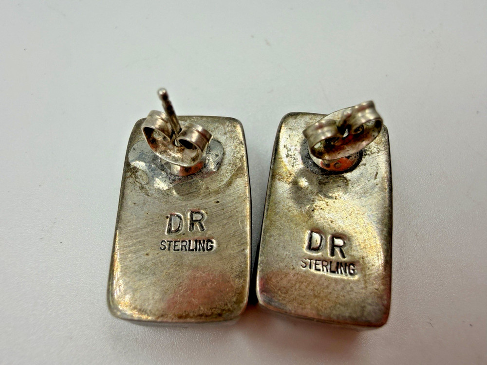 Silver Earrings Native American Signed Rectangle Turquoise Dennis Ramone CQ