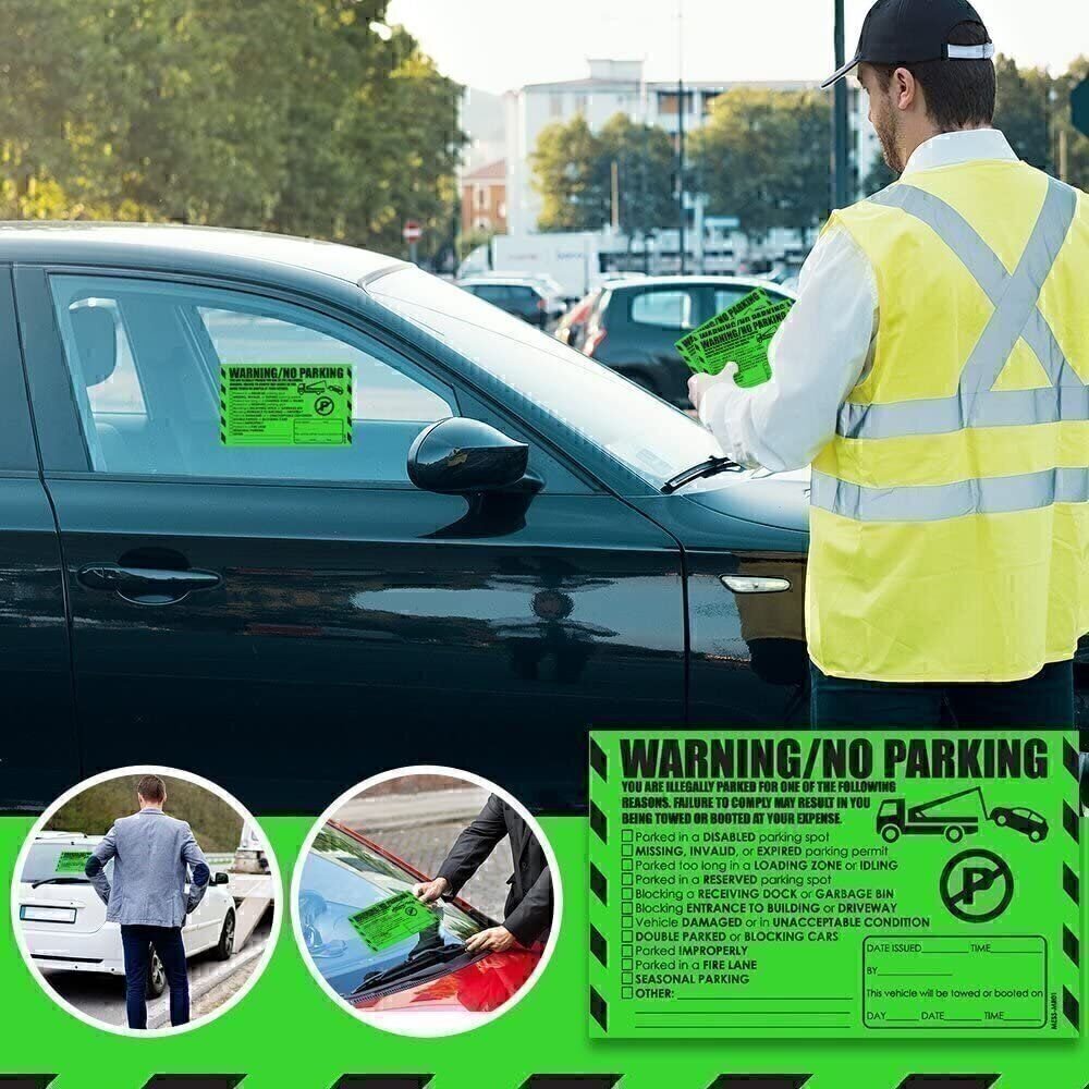 MESS Illegal Parking Warning Stickers - 100/Pack - Green - 8x5 in