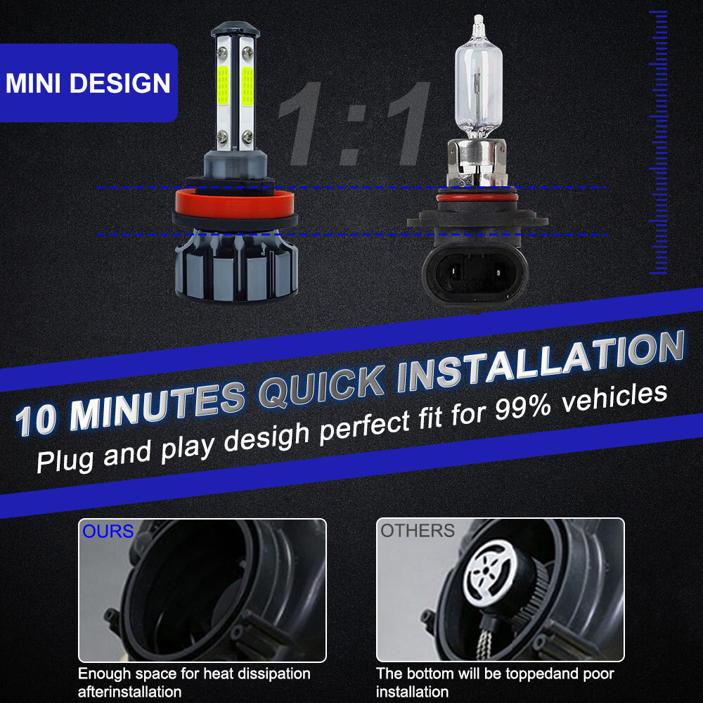 4-Sides H11 LED Headlight Kit Low Beam Bulb Super Bright 6500K White 1000000LM