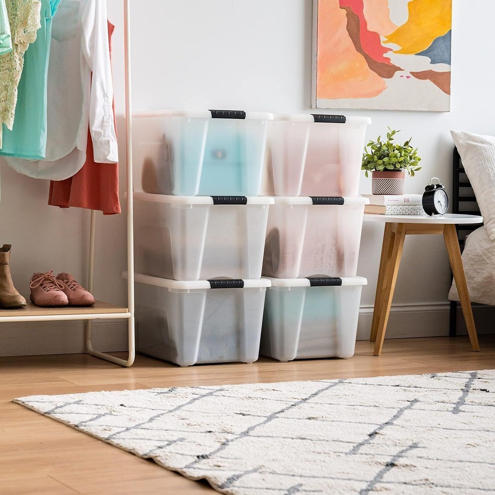 6 Pack 40-Qt Stackable Plastic Storage Bins Organizer Containers w/Latches Lids