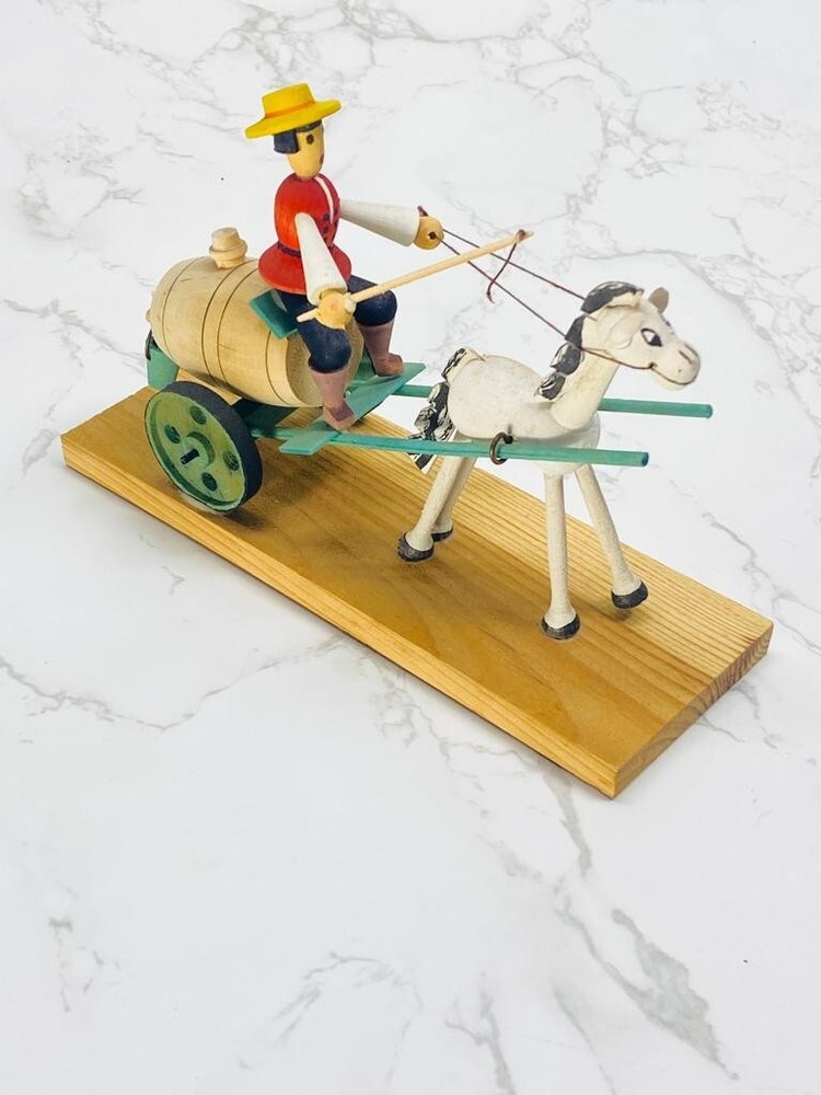 Vintage Handmade Horse Pulling a driver and Whiskey Barrel