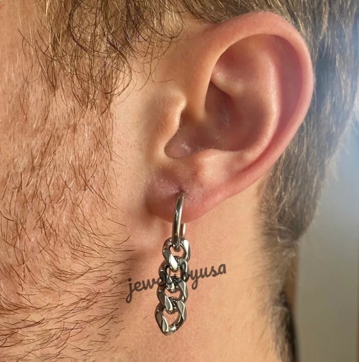 Awesome Gift For Boyfriend Solid Metal Cuban Link Dangle Earring 925 Silver