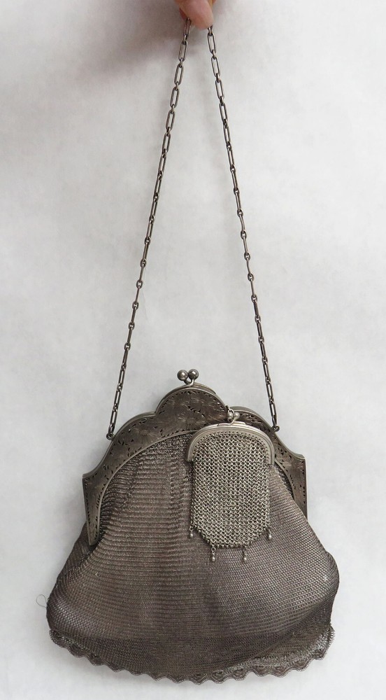 VICTORIAN ERA GERMAN 800 SILVER MESH PURSE WITH MINI SILVER BAG INSIDE