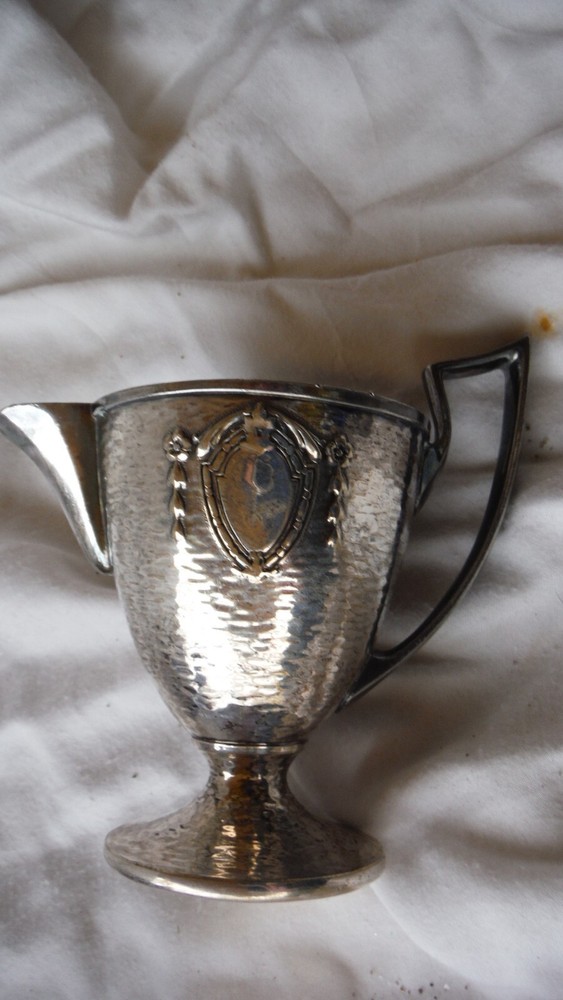 MCM Sheffield Creamer & Sugar Hammered Silverplate w/ Shield "M" Monogram - EUC