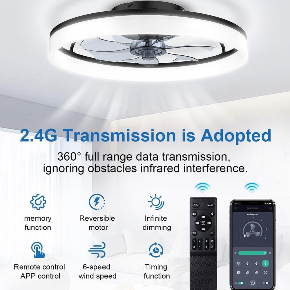 20" Modern Fan Lights Flush Mount LED Ceiling Light kit With APP Remote Control