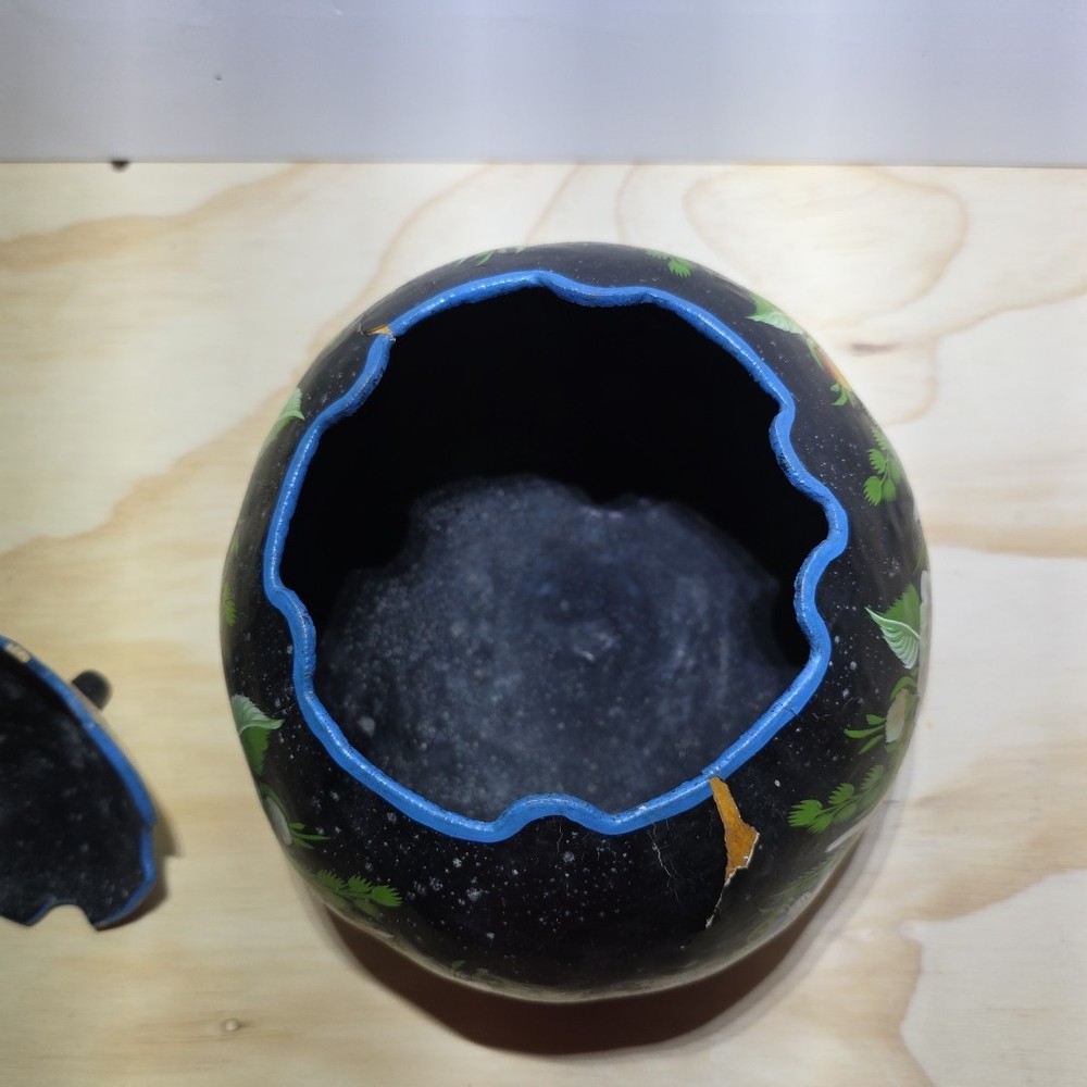 Gourd Hand Painted Floral Pattern Black with lid