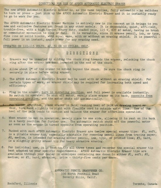 Automatic Electric Eraser by the Automatic Pencil Sharpener Company (APSCO)