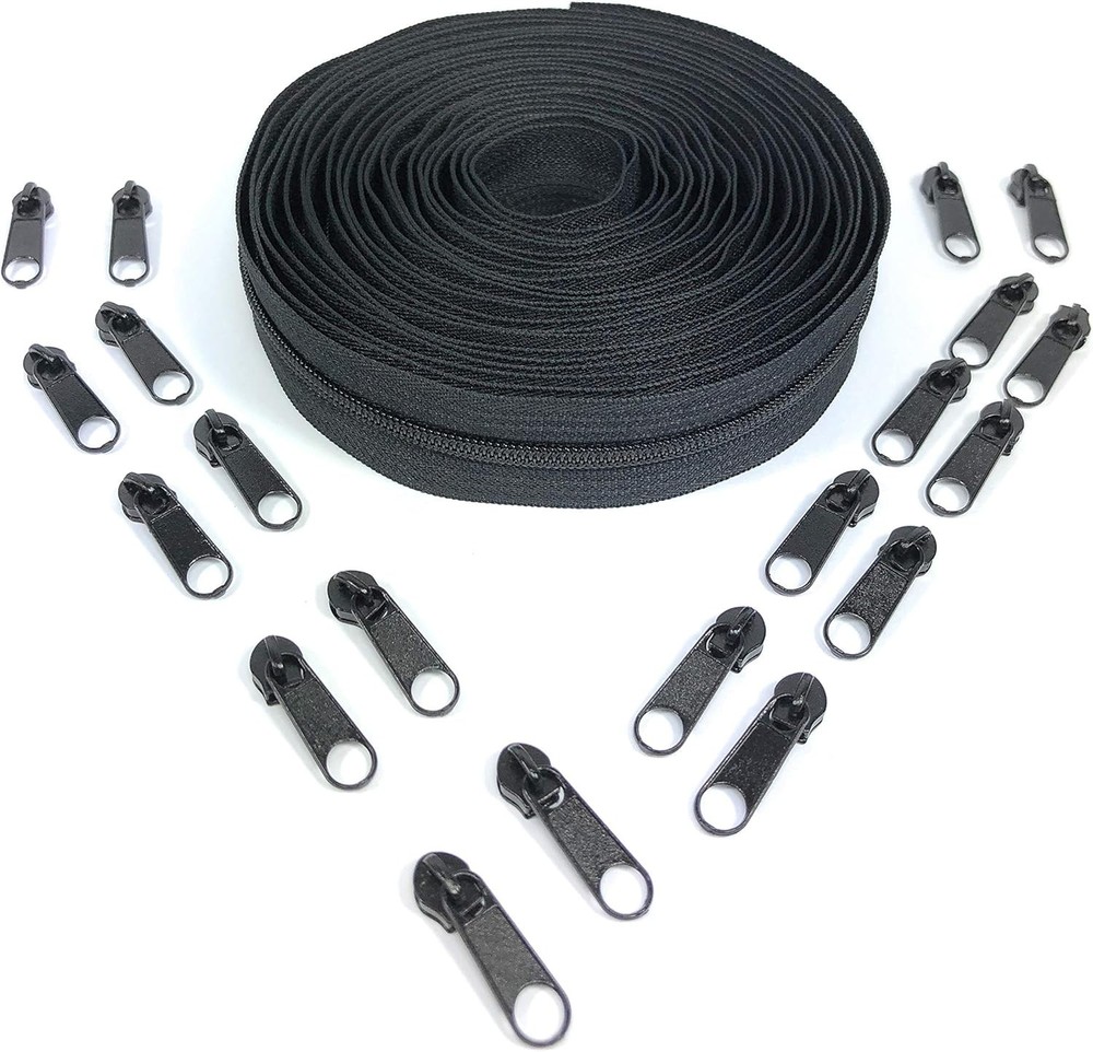 5 Yards Black Zipper Tape with 20 Pulls - Customizable for Sewing Projects