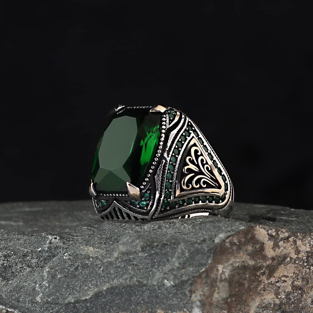 Emerald Stone Men Silver Ring, 925 Sterling Silver Emerald Gemstone Ring,