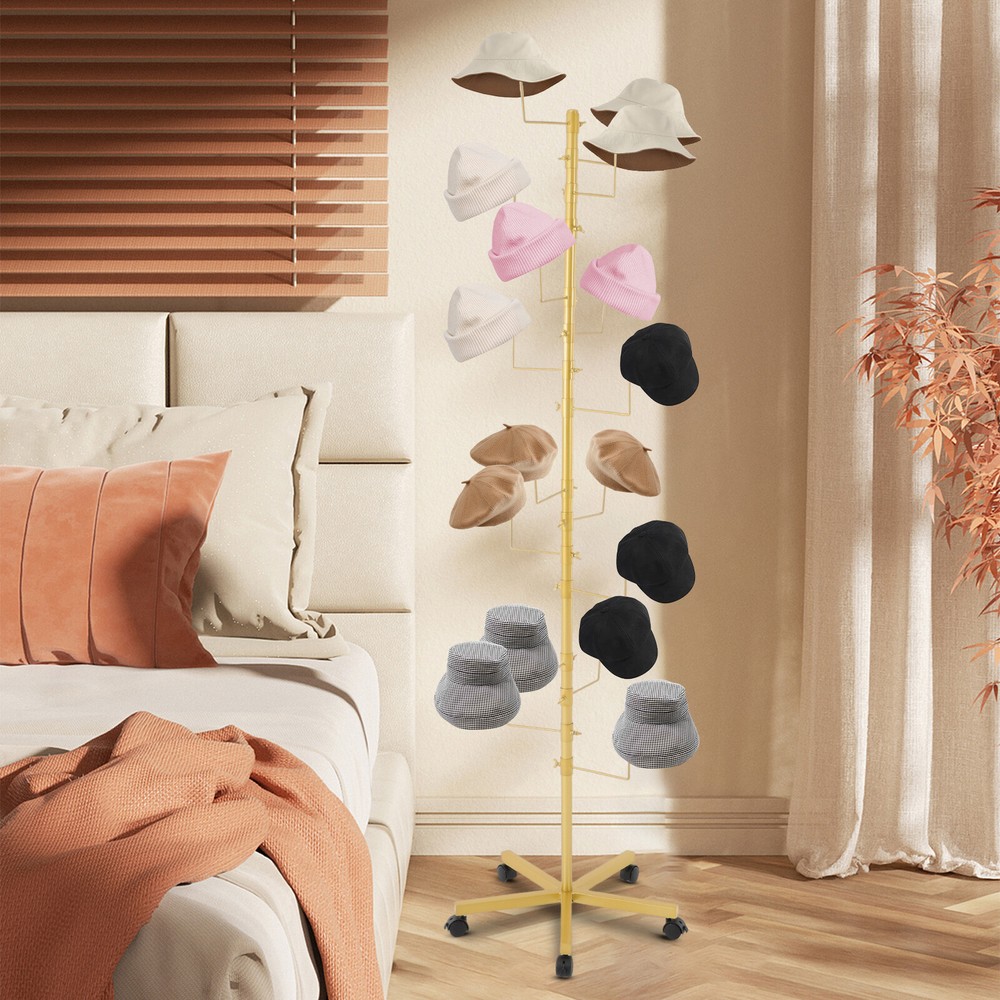 Freestanding Hat Display Rack with Adjustable Hooks & Lockable Wheels