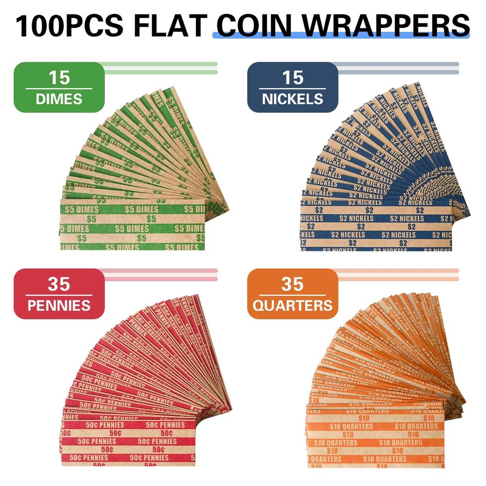 ESSENTIAL 100 pcs Assorted Packed Flat Stripped Coin Wrappers, Coin Rolls Wra...