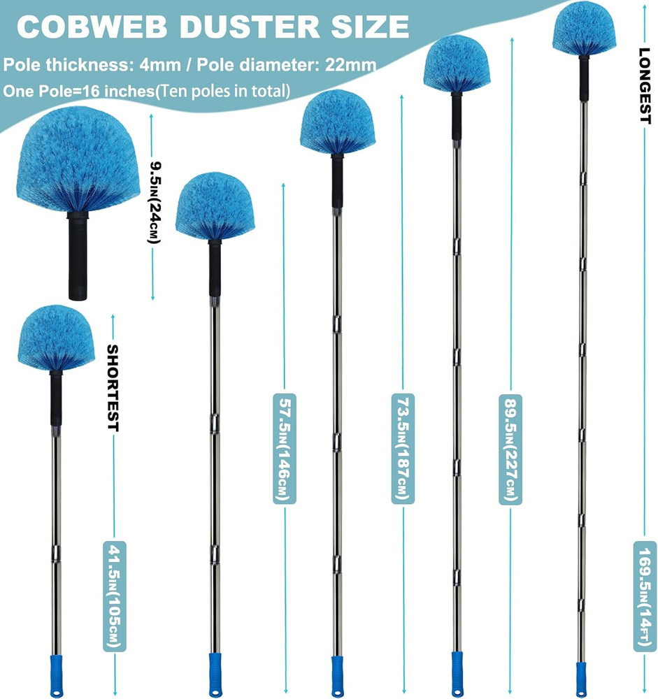 12 Ft Duster, Cobweb Duster with Extension Pole, Medium Stiff Bristles Cobweb Du