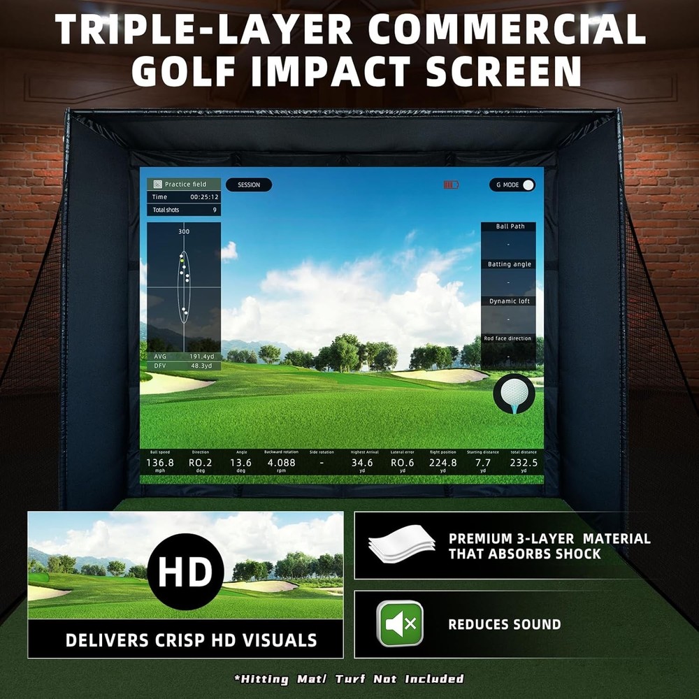 Golf Simulator Enclosure Kit with Premium HD Impact Screen, Full Safety Padding