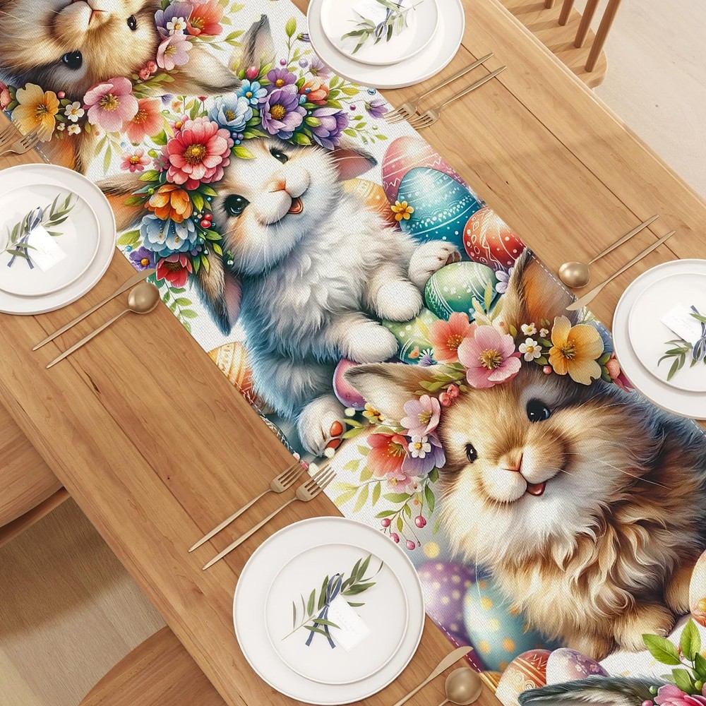 Watercolor Bunny Rabbit Flower Easter Table Runner Easter Spring Summer Home Kit