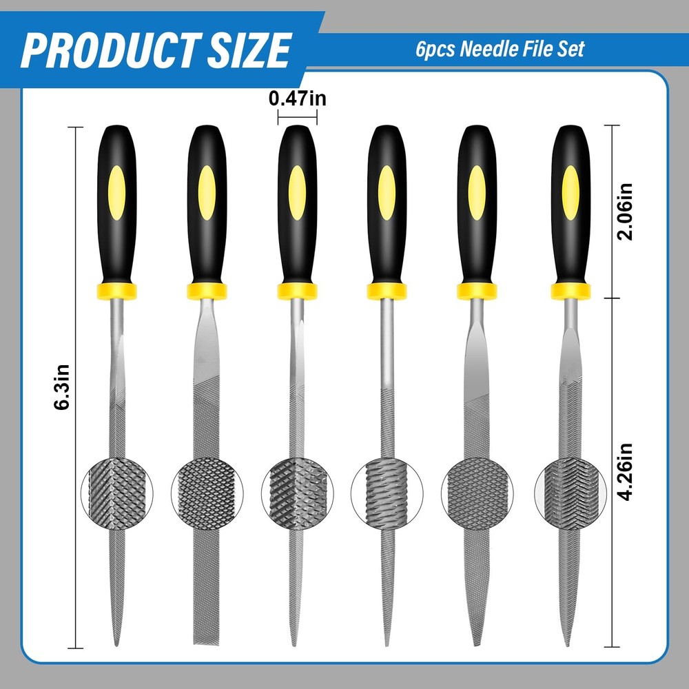 6pc Needle File Set Hardened Alloy Steel Mini Hand Files Flat Round Triangular