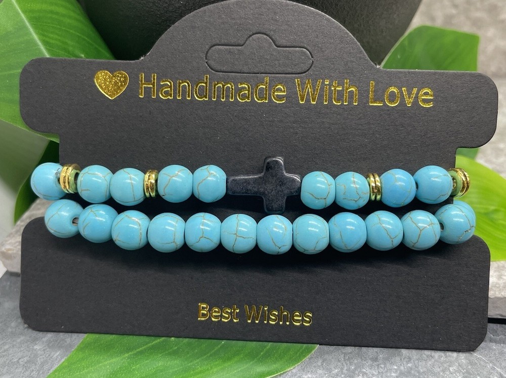 2 PC Handmade Beaded Stackable 6.5” Plus Stretch Bracelet Set Cross New B3703