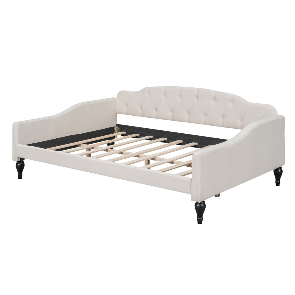 Full Size Daybed Linen Upholstered Bed Frame Sofa Bed for Bedroom Beige US