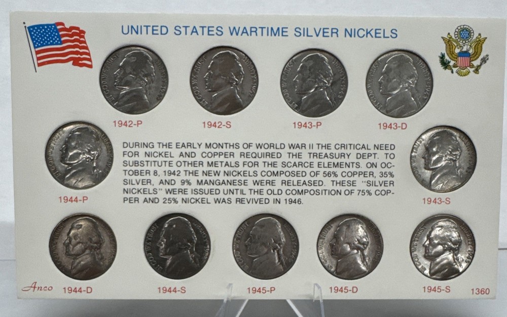 US WARTIME SILVER NICKELS SET COMPLETE ~~ 11 COINS Some With Nice Toning