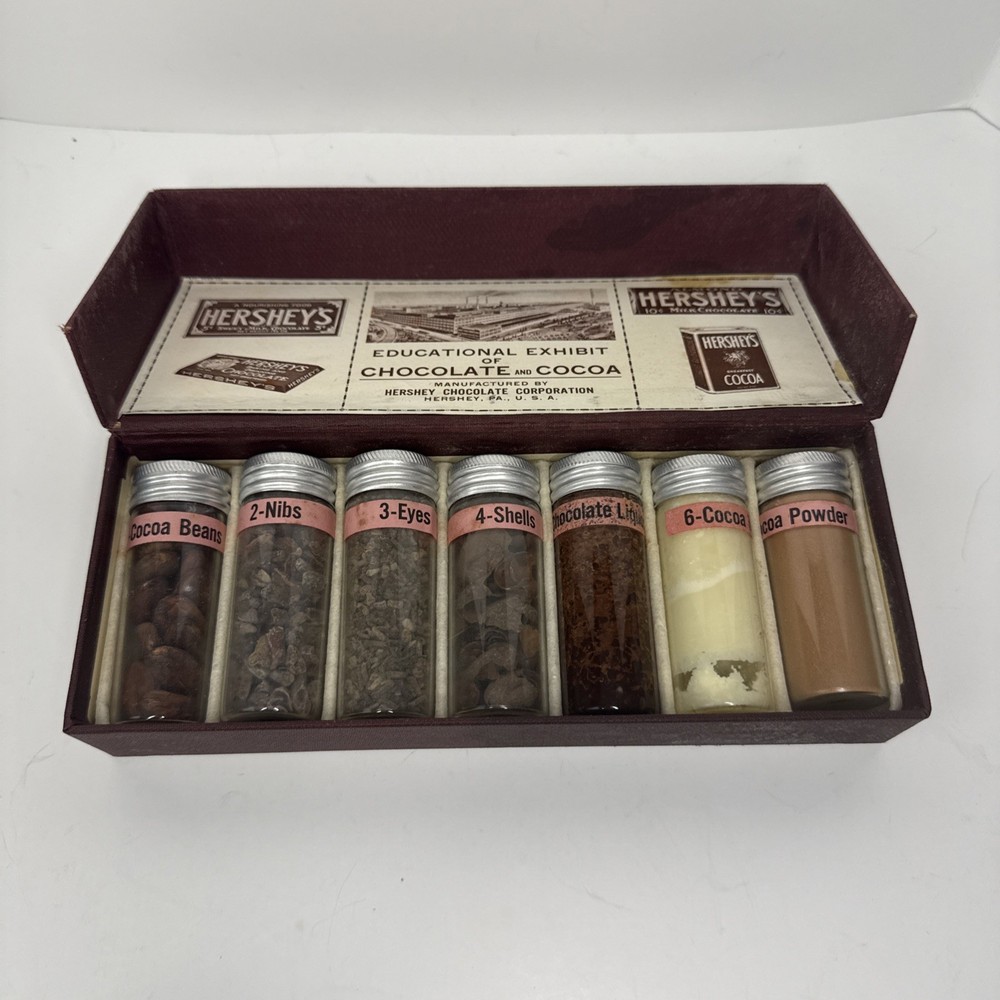 Hershey Chocolate Educational Glass Sample display Never Used Full Bottle
