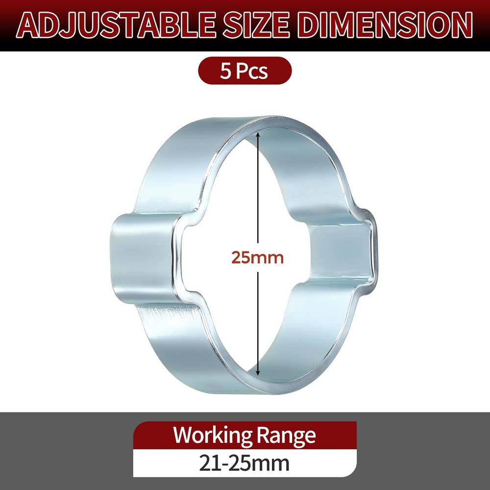 5 Pack Galvanizing Plate Double Ear Hose Clamps, Working Range 21-25mm