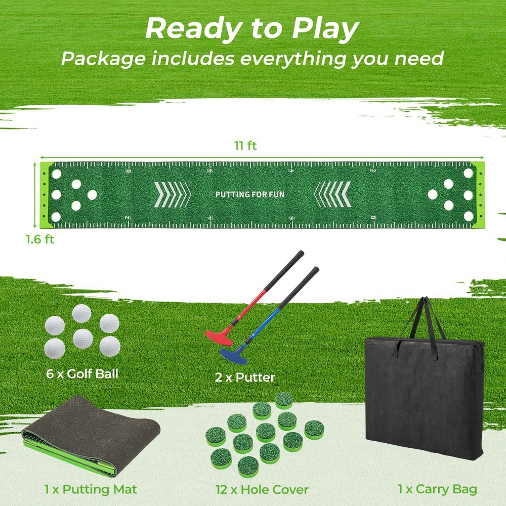 Golf Game Set 11 FT Putting Green Mat w/ 2 Adjustable Putters 6 Balls