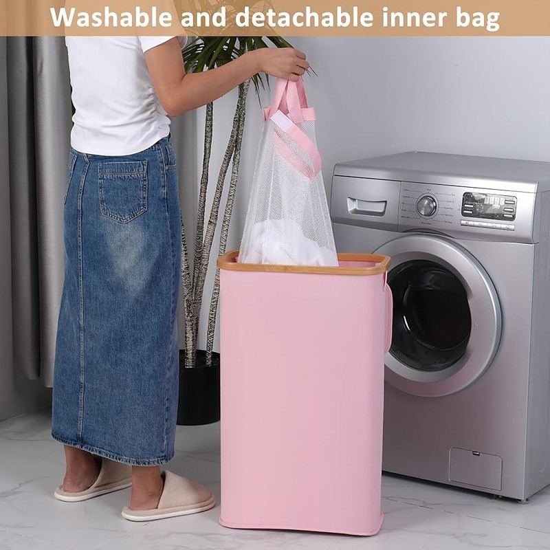 Portable Slim Laundry Basket Foldable Organizer W/ Removable Bag & Bamboo Handle