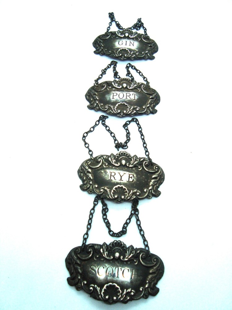 FOUR 1949 Sterling Silver Liquor Decanter Tags -GIN/PORT/RYE/SCOTCH same pattern