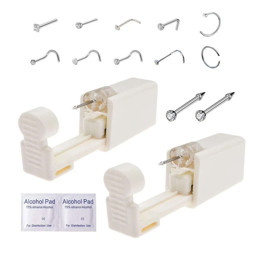 2 Pack Disposable Nose Piercing Tool Kit w/ 10PCS Nose Rings