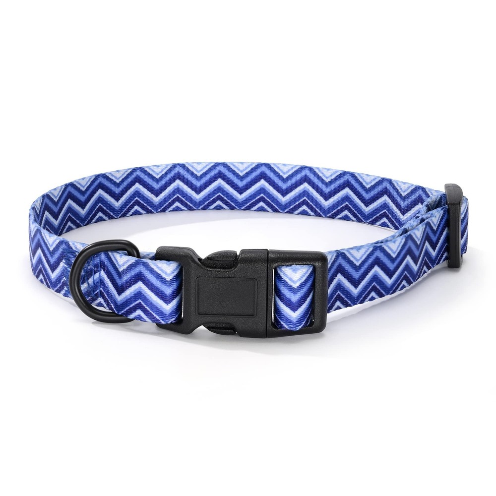 Mile High Life Dog Collar – Geometric Ocean Wavy Pattern, Blue, Medium