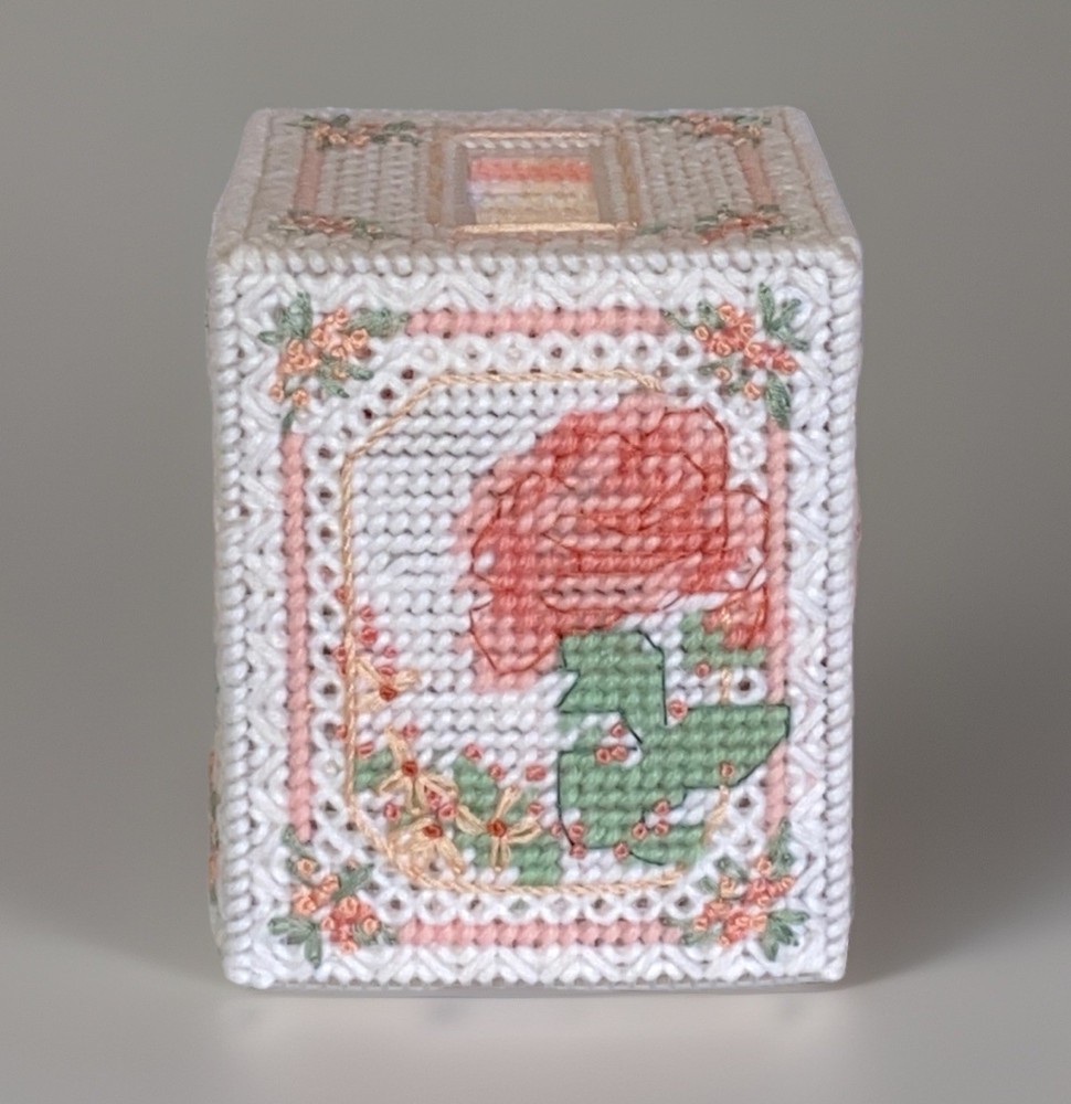 VTG Completed Plastic Canvas Square Tissue Box Cover Summer Rose Dimensions