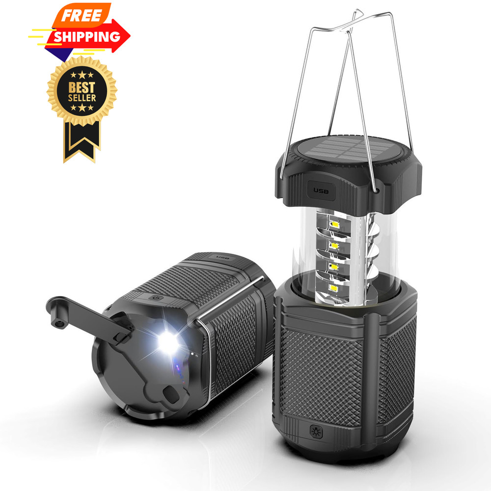 Camping Lantern 5000mAh Solar Hand Crank Telescopic LED Flashlight USB Black