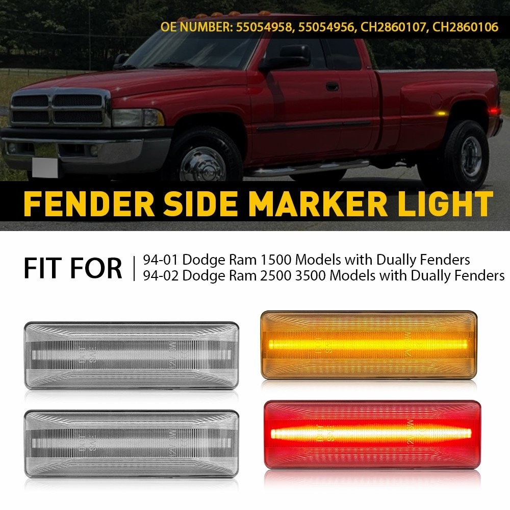 For 1994-2002 Dodge Ram 1500 2500 3500 Dually 4x LED Side Marker Light Amber Red