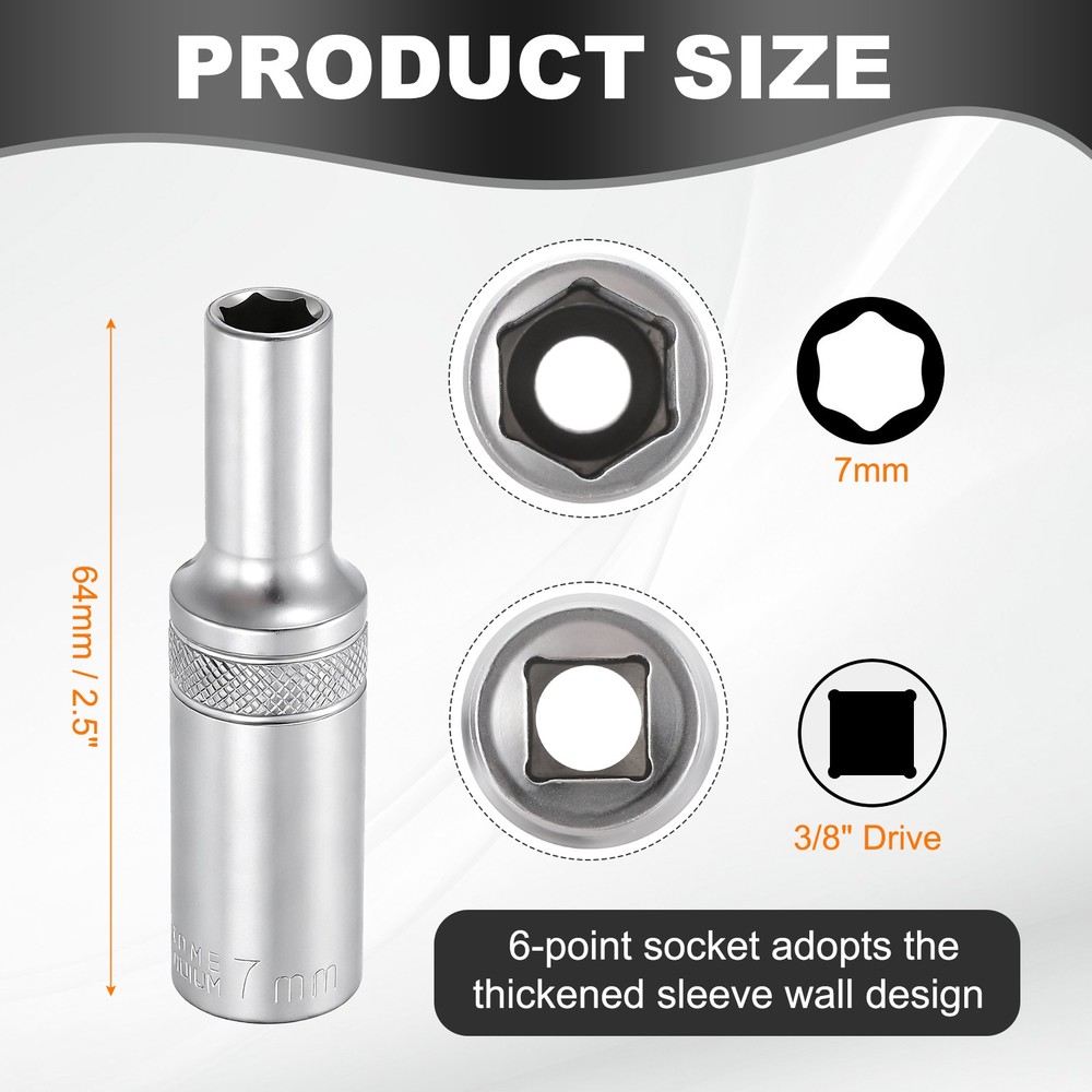 6 Points Deep Socket 3/8" Drive 7mm Nickel Plating Impact Socket 2.5" Long