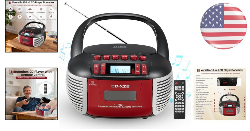 Versatile Boombox: CD & Cassette Player with Bluetooth, USB, and Remote Control