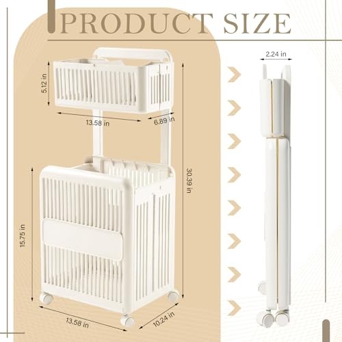 Foldable 2-tier Plastic Laundry Basket with Wheels and Handle 43.8 L Double
