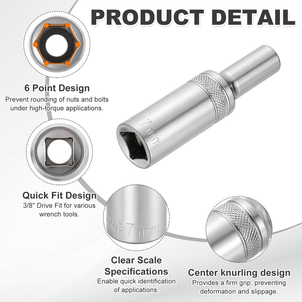 6 Points Deep Socket 3/8" Drive 7mm Nickel Plating Impact Socket 2.5" Long