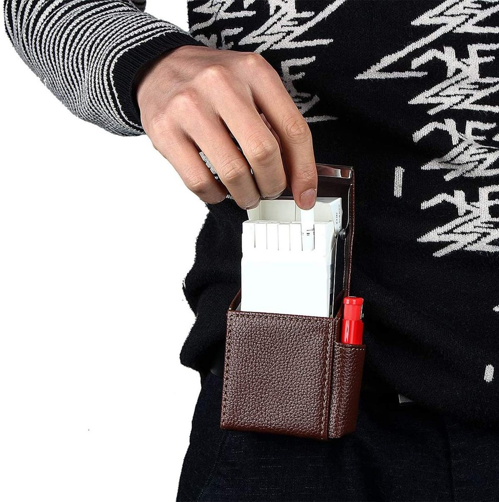 PU Leather Sliding Cigarette Box Case with Lighter Holder and Belt Loop for M...