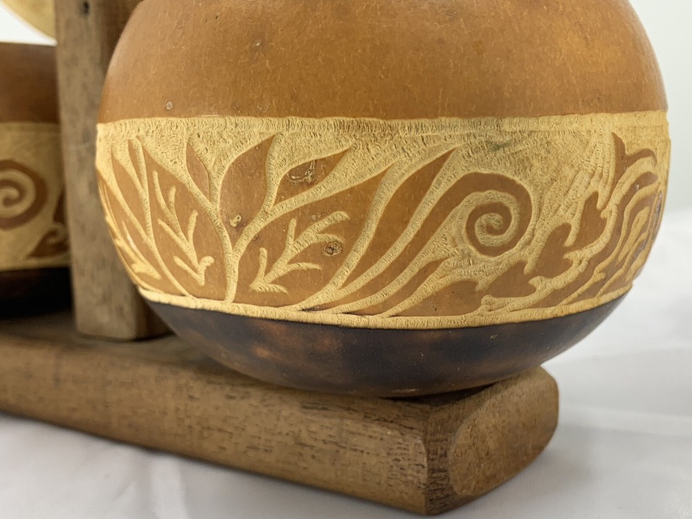 Natural Dried Gourd Storage Containers with Solid Wood Holder Decorated