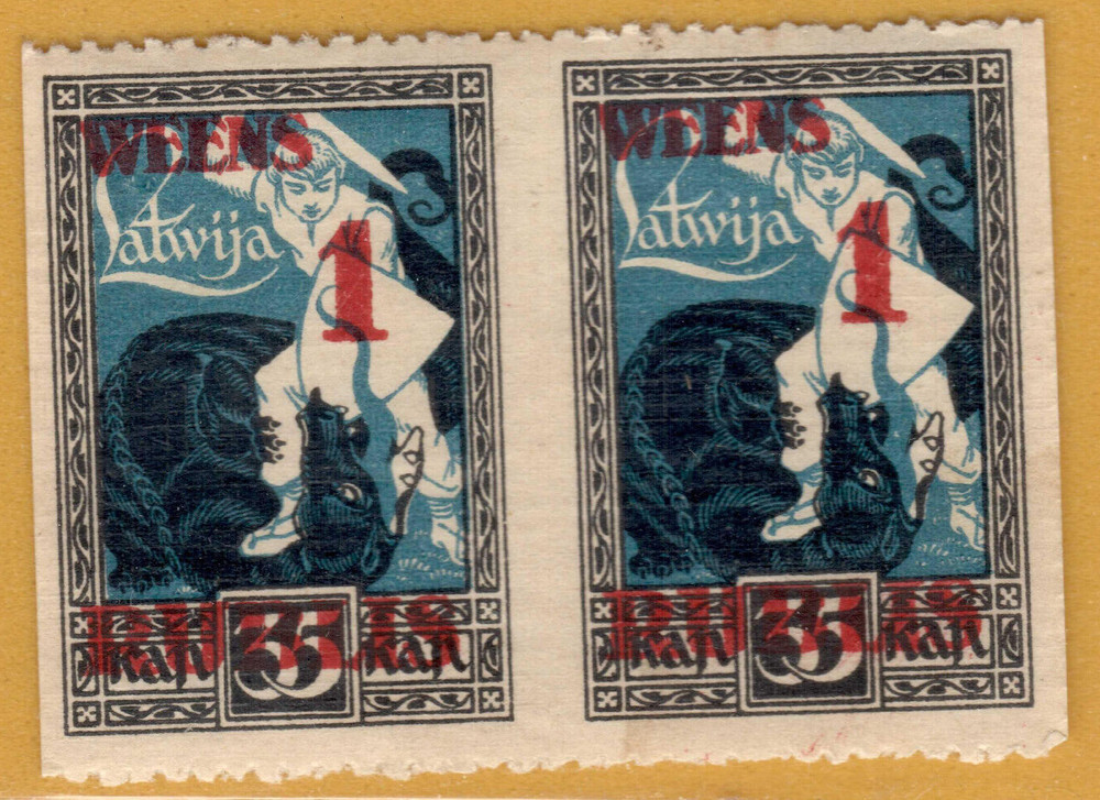 LATVIA IMPERF. BET. PAIR 1r. ON 35 k. Sc. 91 1920-21 MINT ERROR 4076