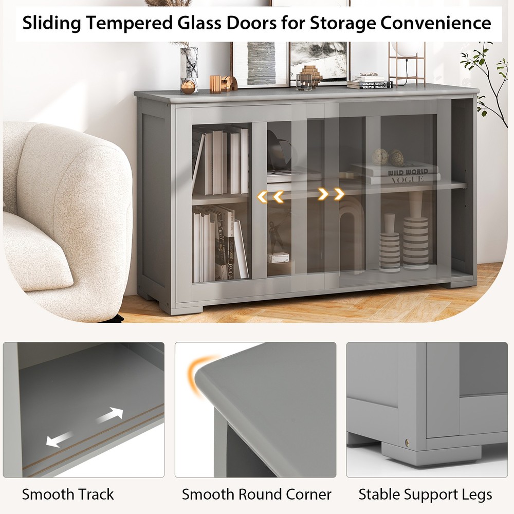2PCS 2-Door Stackable Buffet Sideboard w/ Sliding Tempered Glass Doors Gray