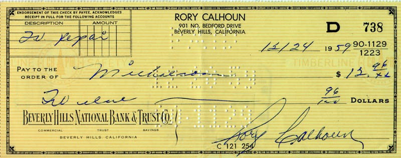 RORY CALHOUN - CHECK SIGNED 12/24/1959