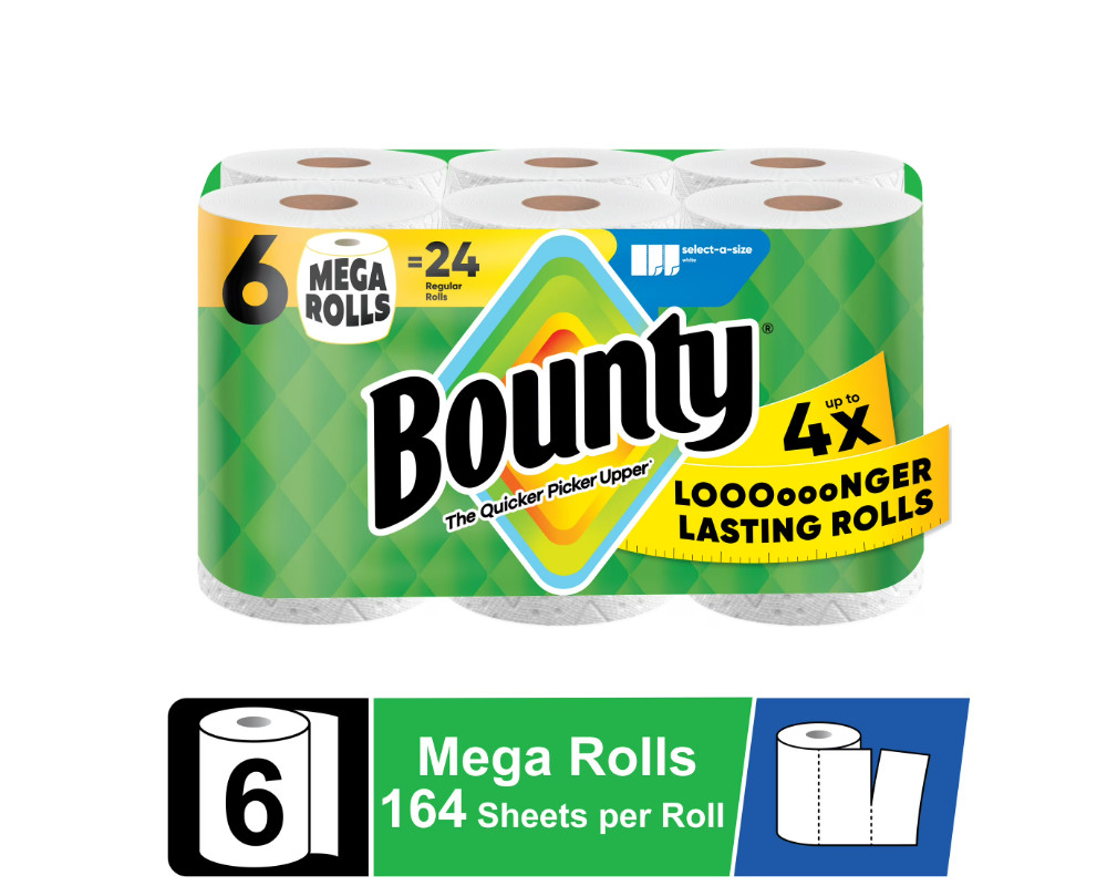Bounty Paper Towels Select-A-Size White, 6 Mega Rolls, 164 Sheets per Roll