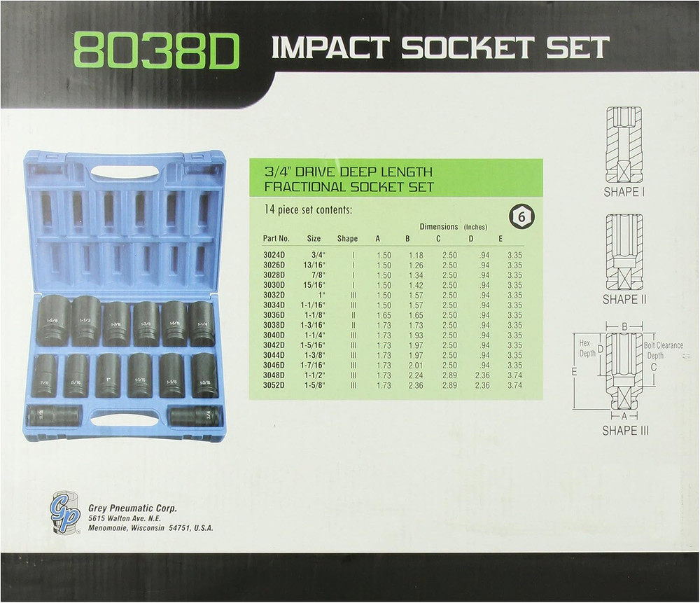 (8038D 3/4" Drive 14-Piece Deep Socket Set