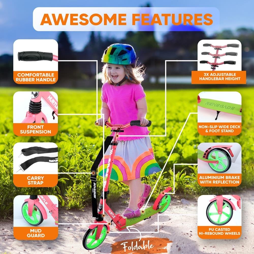 Hurtle Adjustable Lightweight and Foldable Kick Scooter High Impact Wheels Pink