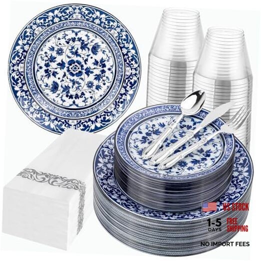 175PCS Blue Plastic Plates - Floral Disposable Dinnerware Set White and Blue