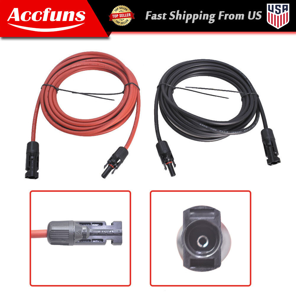 1 Pair 12AWG Black + Red Solar Panel Extension Cable Wire Connector New