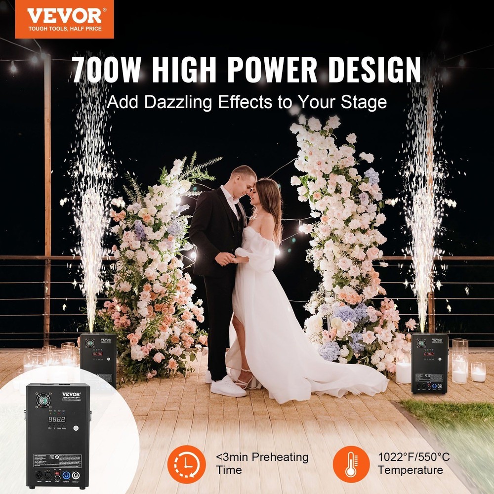 700W Cold Spark Launcher, Adjustable Height 6.6–16.4ft, DMX+LED Interface