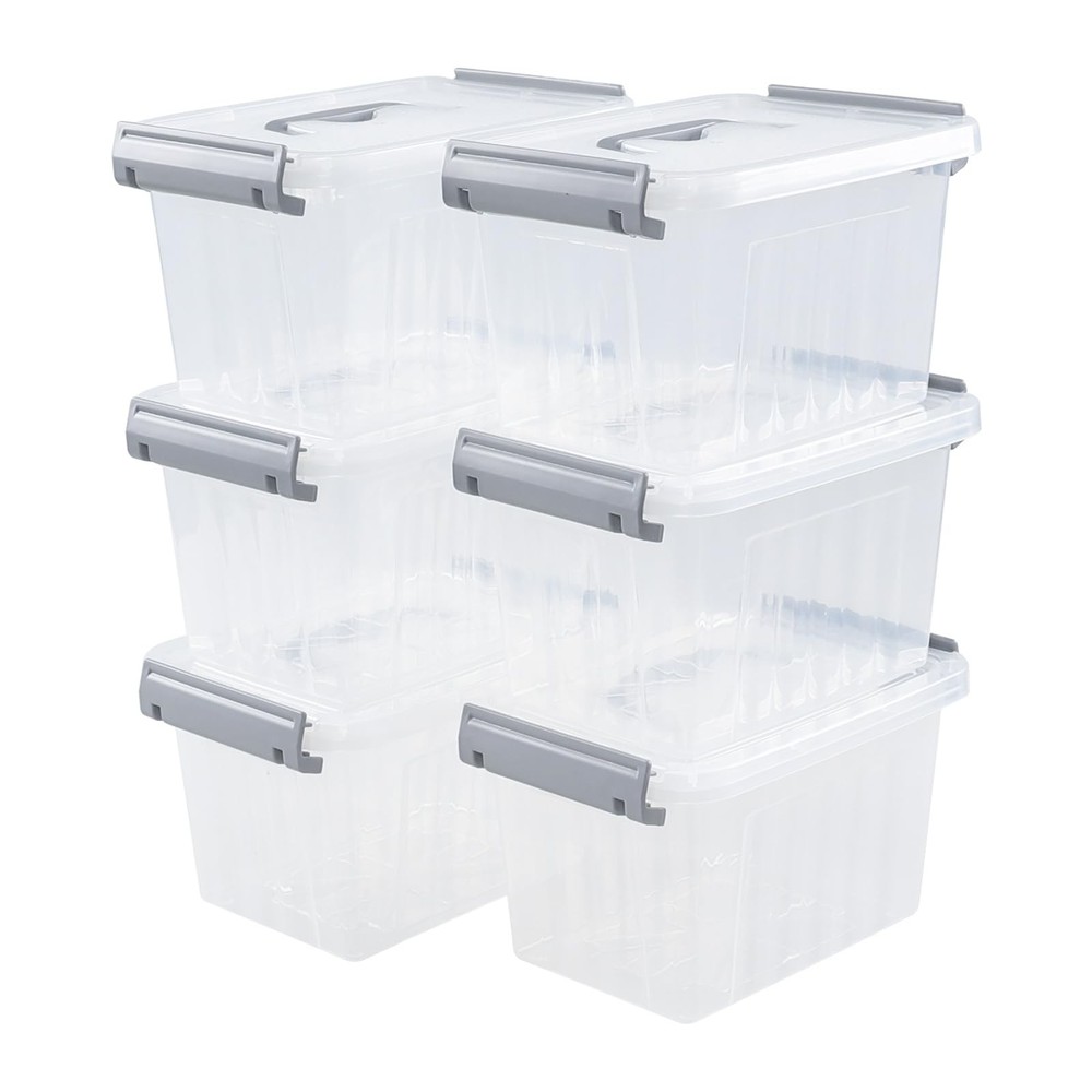 3 L Small Clear Storage Latch Box, 6 Pack Plastic Stackable Organizer Contain...
