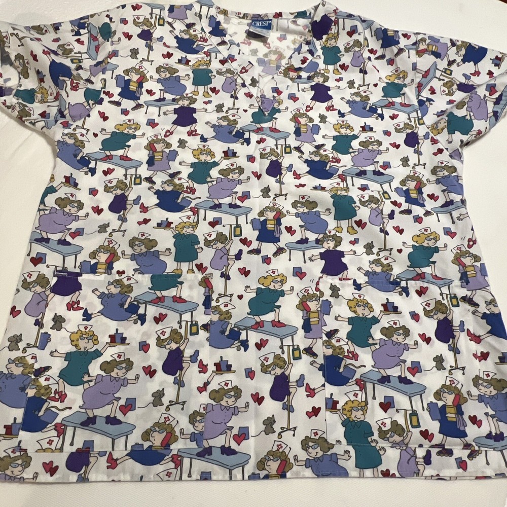 Crest RN Scrub Top M Nurse Print RN Short Sleeve Pullover